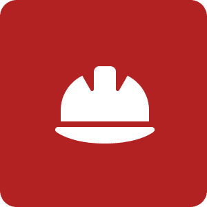 White hard hat icon on red background.
