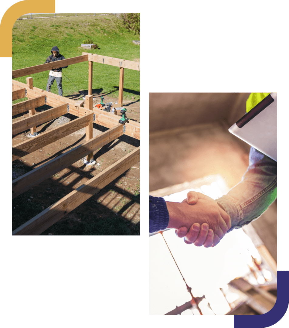 Construction site and handshake in progress.