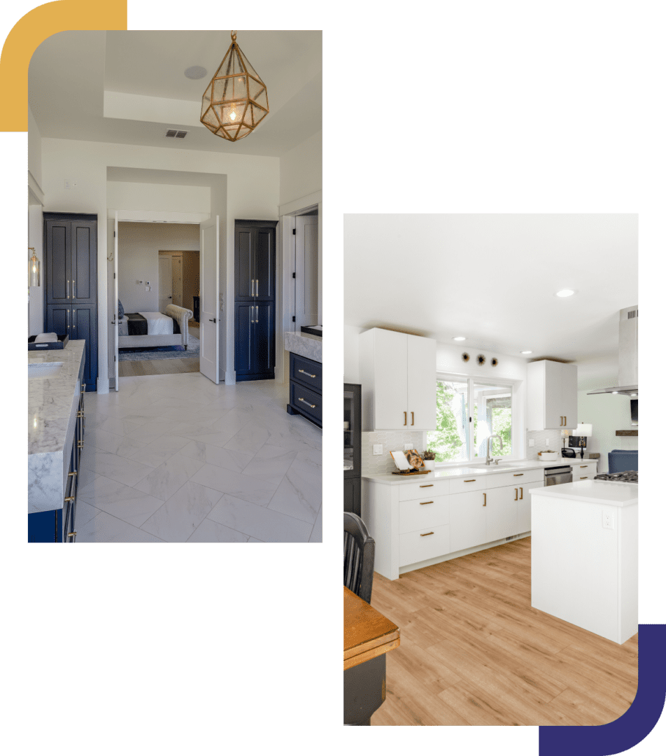 Two modern kitchens with different designs.